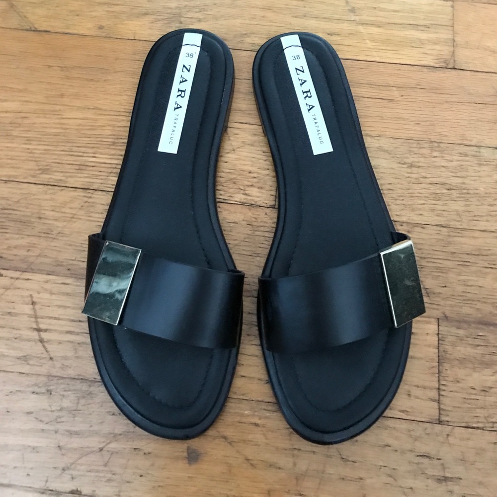 Zara Black Slide Sandals with Gold Plaque